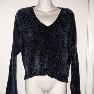 Navy Blue Cropped Soft Chenille Loose Fit Sweater- Small
